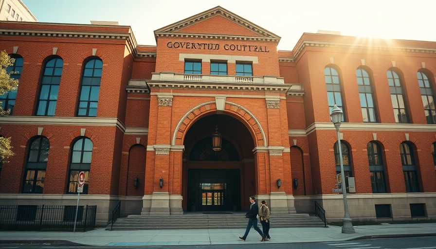 Massachusetts courthouse exterior with two people walking, strong sunlight.