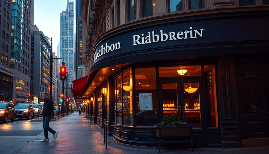 Blue Ribbon Brasserie closes at night with pedestrian passing by, city reflections.