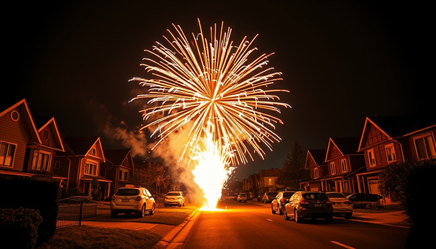 Dartmouth fireworks explosion in suburban area captured at night.
