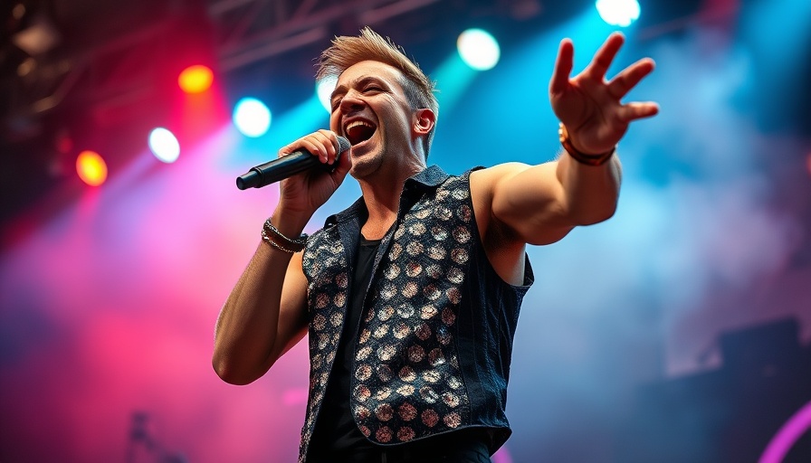 Energetic singer performing at concert with vibrant stage lights.