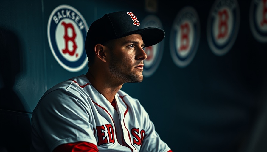 Red Sox player sitting thoughtfully in dugout without Roman Anthony.