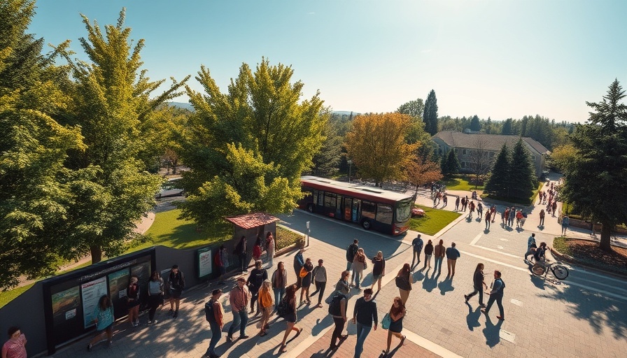 UMass Lowell incident campus safety: aerial view of students at bus stop.