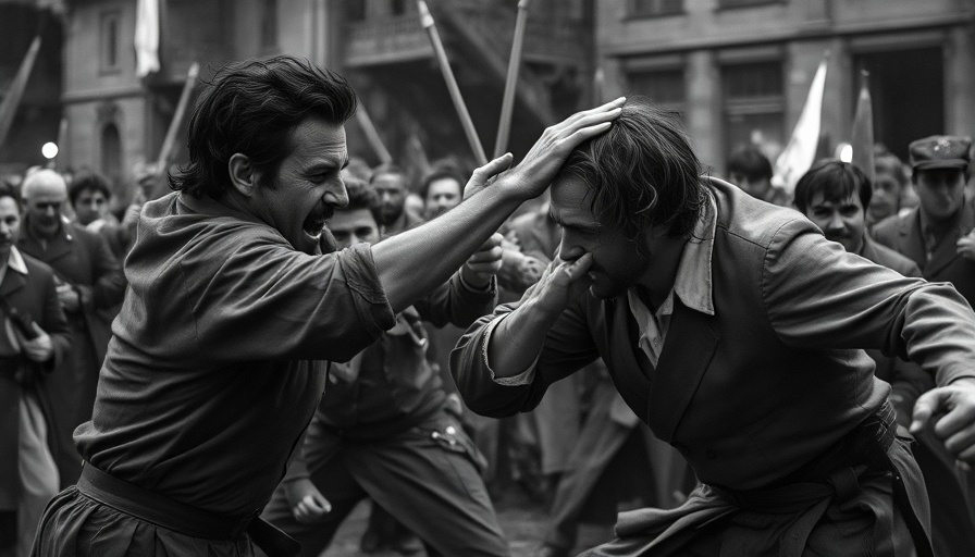 Historic 1949 Peekskill Riots scene with men in conflict.