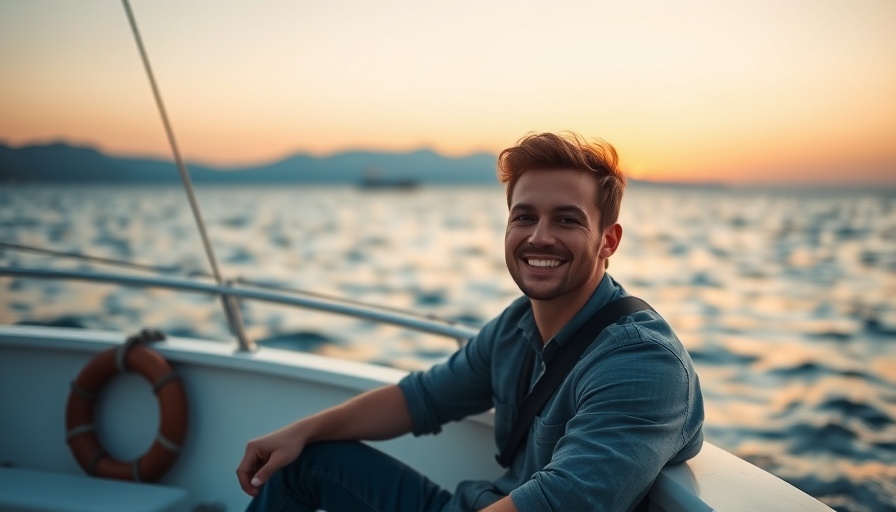 Serene young man on boat at sunset, calm ocean backdrop.