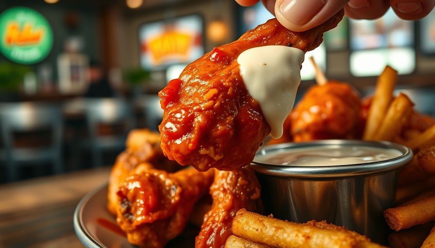 Tasty chicken wing dipped in sauce at Dining for a Cause fundraiser Boston.