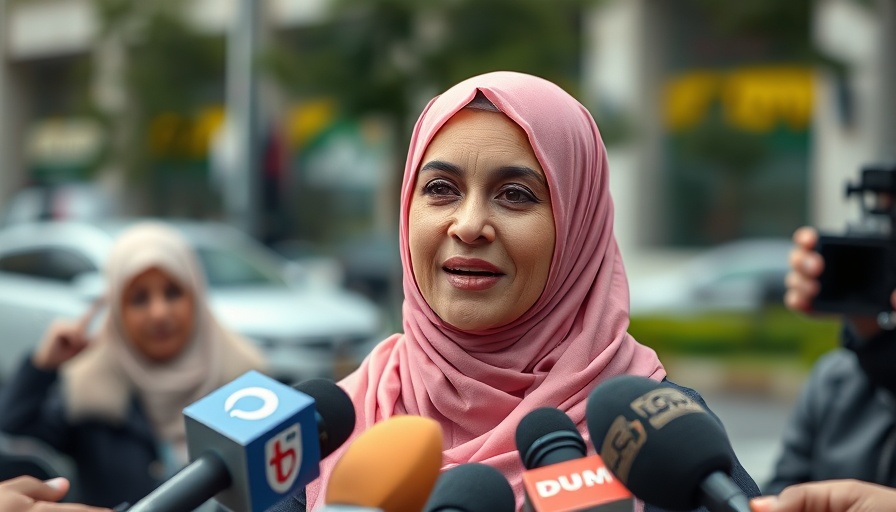 Woman in pink hijab speaks to reporters, urban setting.