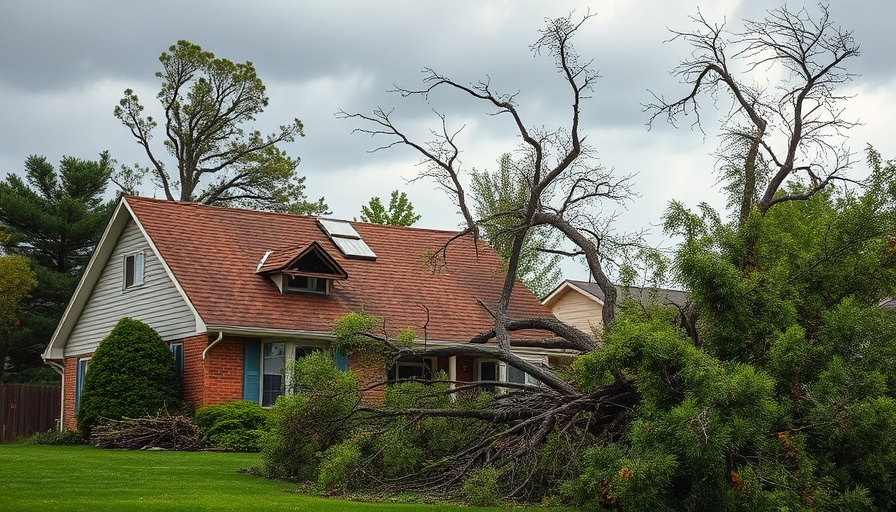 Holden tornado cleanup: Damaged house with fallen tree.