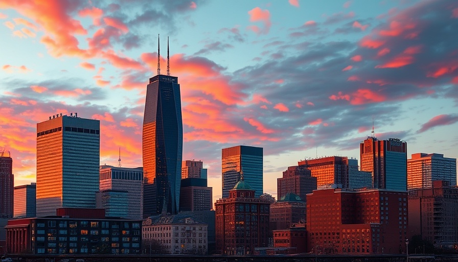 Boston skyline at sunset with warm city glow.