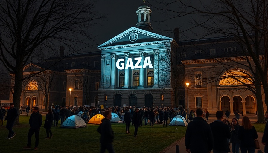 Harvard campus tents and 'Free Gaza' protest at night.