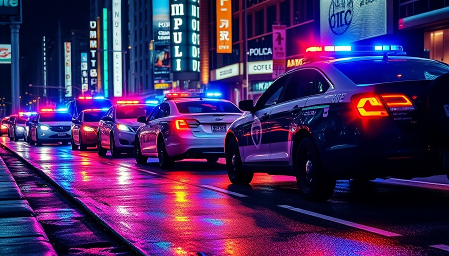 Police car lights at night in city related to Lynn murder charge.