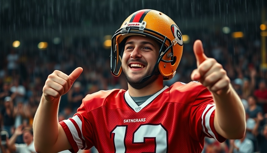 Cheerful fan in vintage football gear gesturing, symbolizing hope for Patriots season.