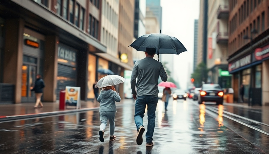 Man and child with umbrellas in rainy Boston street.
