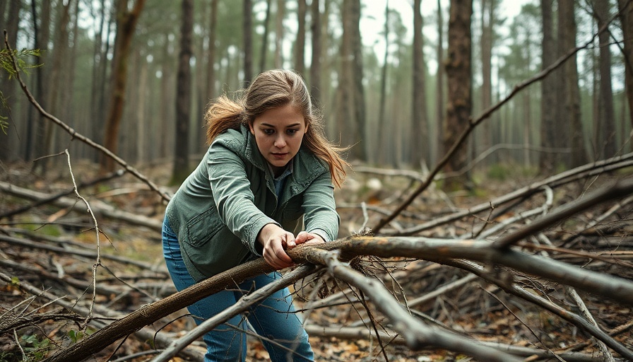 Tornado damages Holden: Woman cleaning up storm debris in forest.