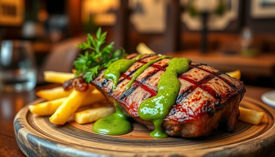 Sliced steak with green sauce over fries at Boston French-Japanese restaurant