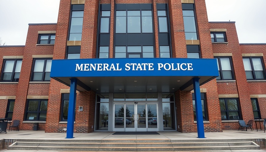 Massachusetts State Police headquarters entrance with sign on overcast day.