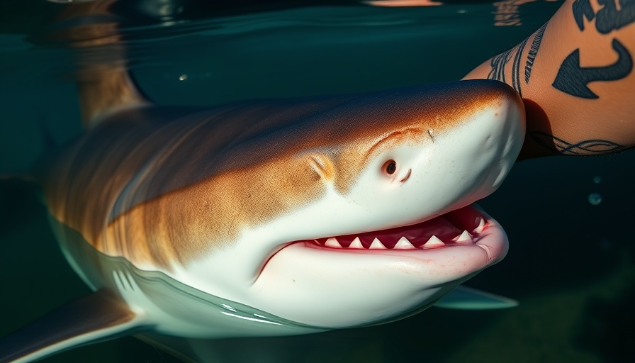 Sand tiger shark in Boston Harbor with tattooed arm nearby.