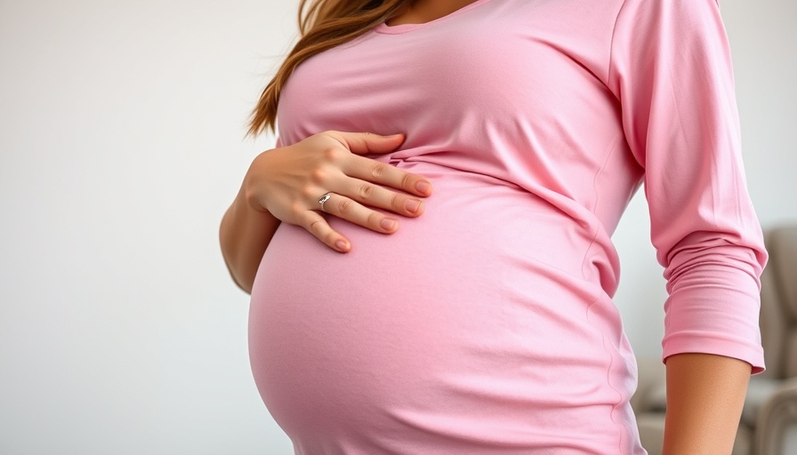 Pregnant woman in pink shirt gently holding belly, viral surrogacy lawsuit.