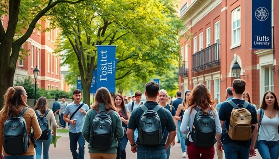 Students at Tufts University campus under a tuition-free banner.
