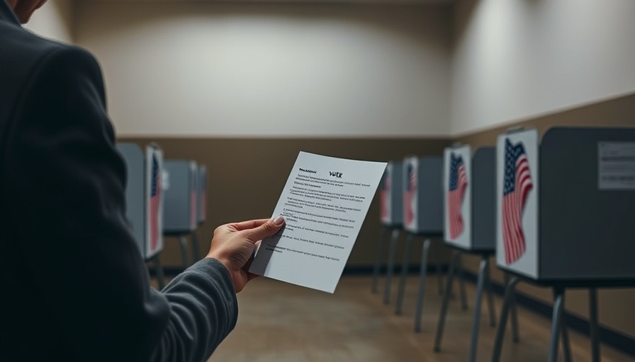 Voting booth setup in a quiet room during an election, person holding ballot.