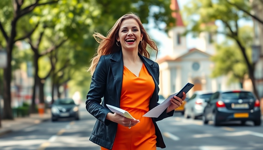Happy woman celebrating exciting news outdoors