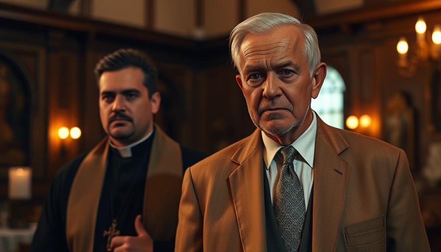 Intriguing scene with a distinguished man and a priest in 'Wake Up Dead Man: A Knives Out Mystery Review'.