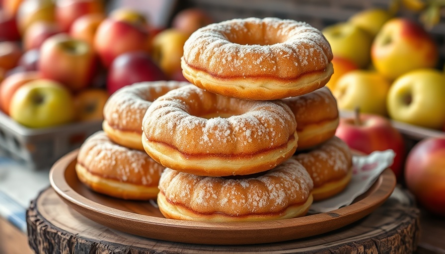 Appetizing cider doughnuts on a wooden plate with apples nearby.