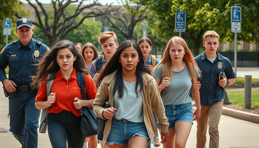 Students with police officer outside Evergreen High School