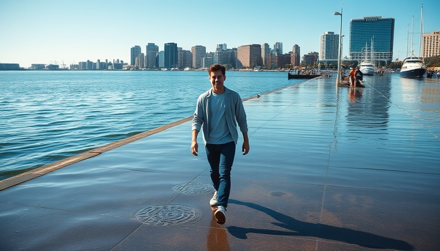 High tide floods Boston Harbor promenade, man walking through water.