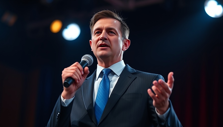 Professional speaker delivering a passionate speech on stage under dramatic lighting.