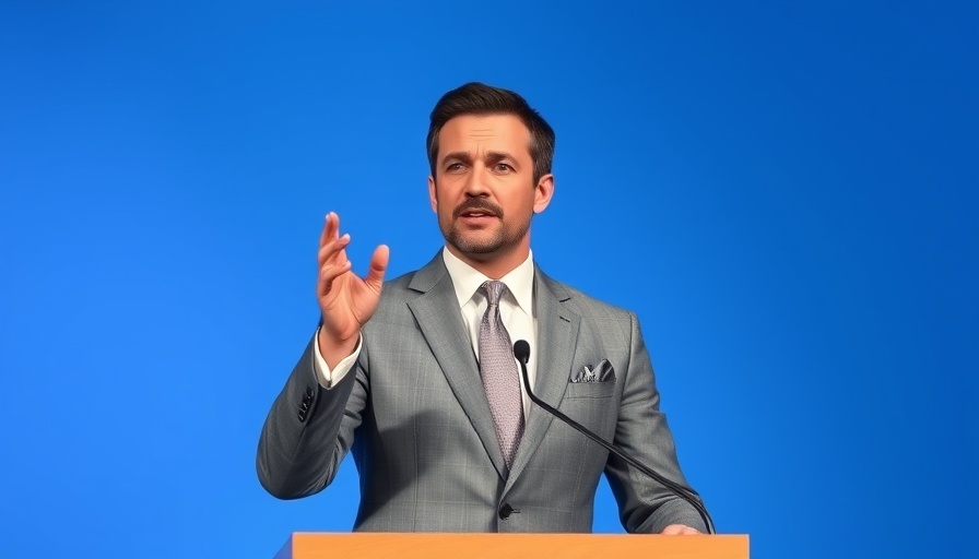 Confident man speaking at podium, expressive gesture, photorealistic style.