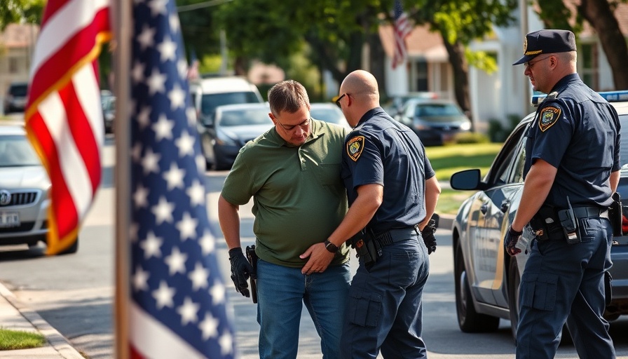 Law enforcement officers detain individual on street, American flag visible.