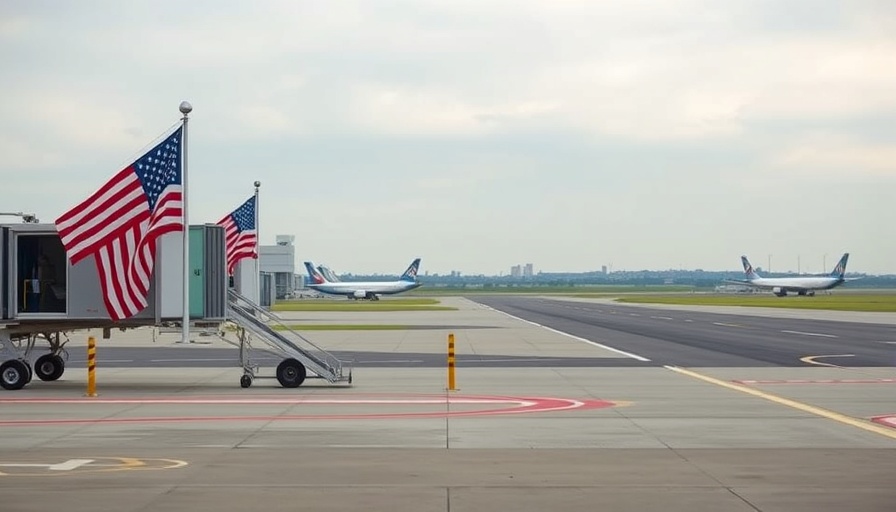 American flag near jet bridge at Logan Airport runway scene.