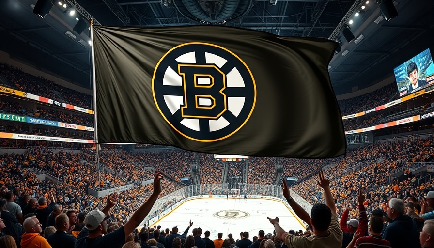 Boston Bruins fans cheer as a large flag is unfurled at a game.