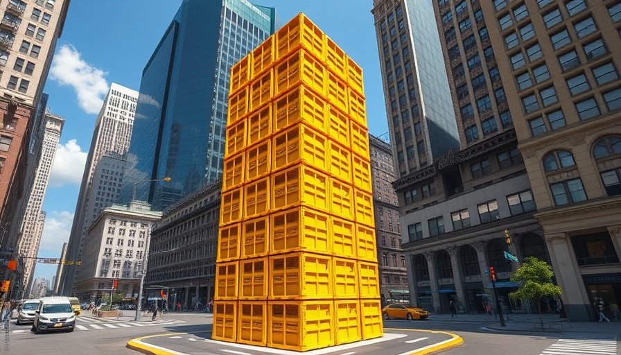 Art installation near South Station, towering yellow crates in urban setting