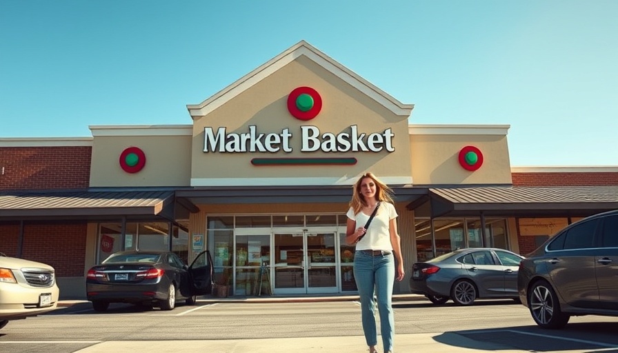 Woman walking outside Market Basket store on a sunny day.