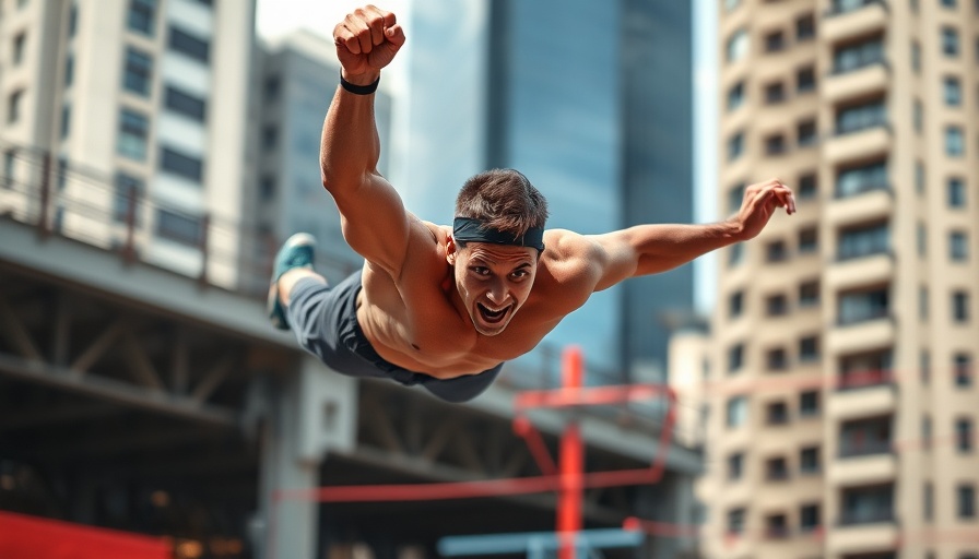 American Ninja Warrior Addy Herman hanging in mid-air on obstacle course.