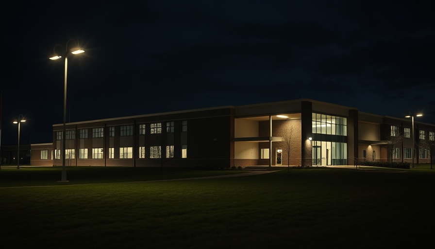 Nighttime view of a school building, dimly lit for a dramatic effect.