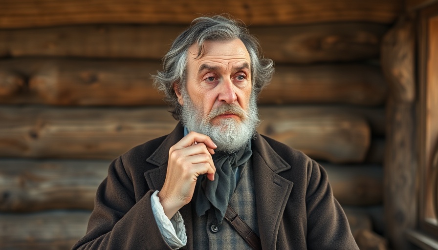 Thoreau impersonator in thoughtful pose by rustic cabin.