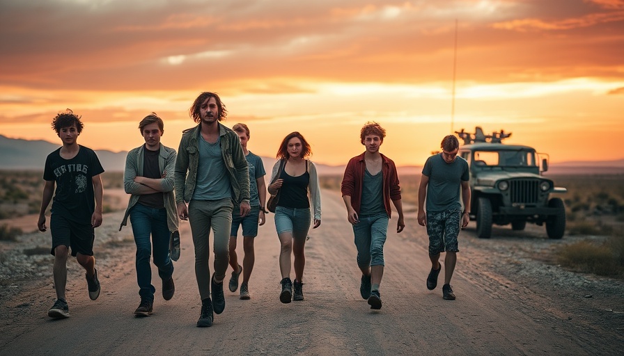 Scene from The Long Walk movie, group walking on road at sunset, review