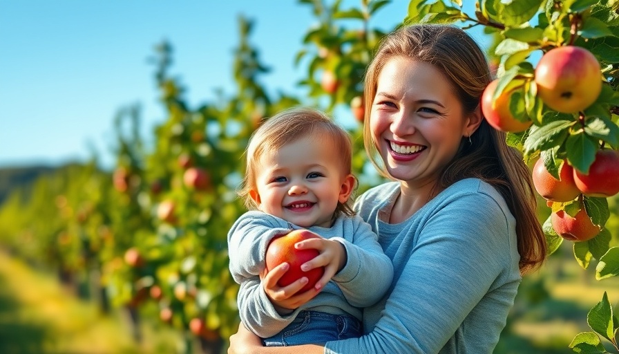 Family-friendly apple picking in New England: mother supporting child in orchard