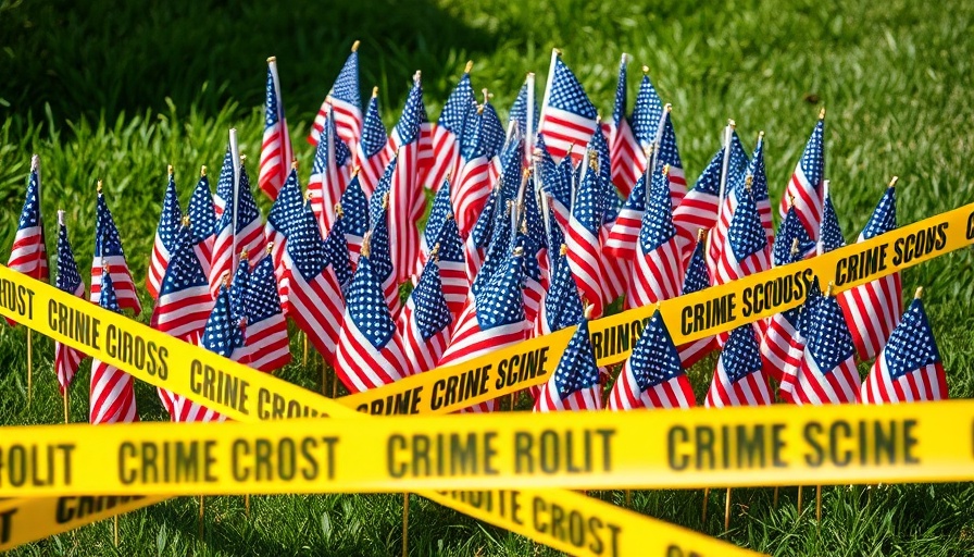 American flags obscured by crime scene tape on grass.