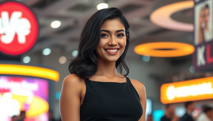 Elegant woman at event with bright signage, confidently smiling.