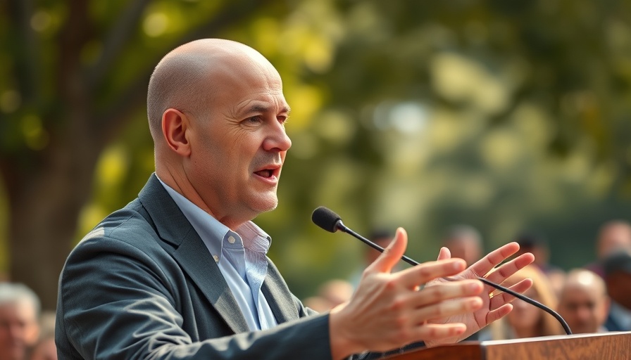 Bald man giving a speech, associated with Massachusetts voter approval polls, outdoor setting.