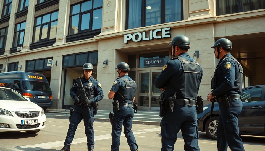 Police officers in training outside a Boston building, active scenario.
