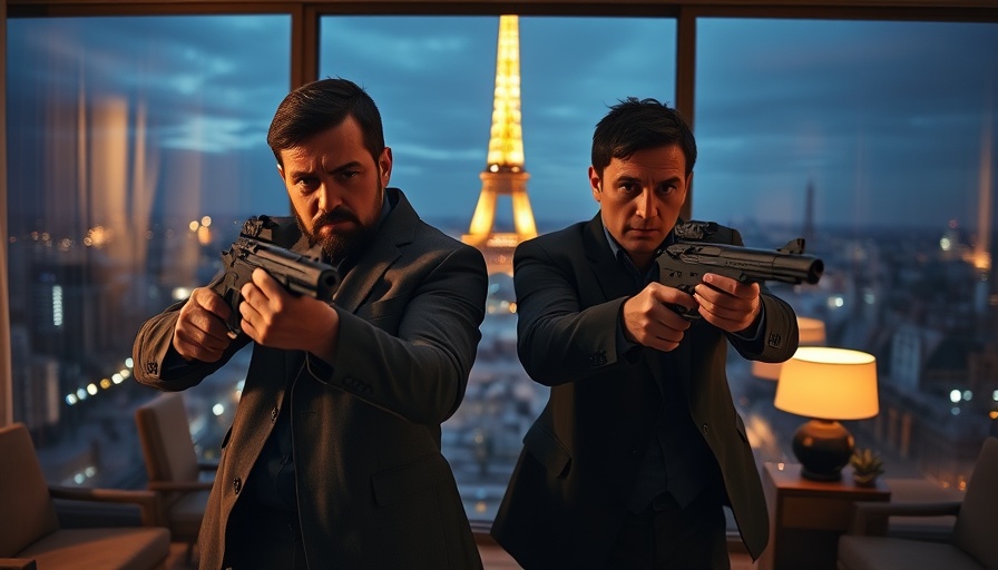Tense scene with Eiffel Tower visible outside window, related to Dog 51 film review.