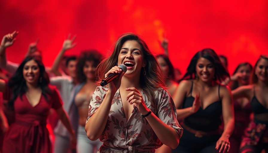 Dua Lipa performing energetically on stage with vibrant red backdrop