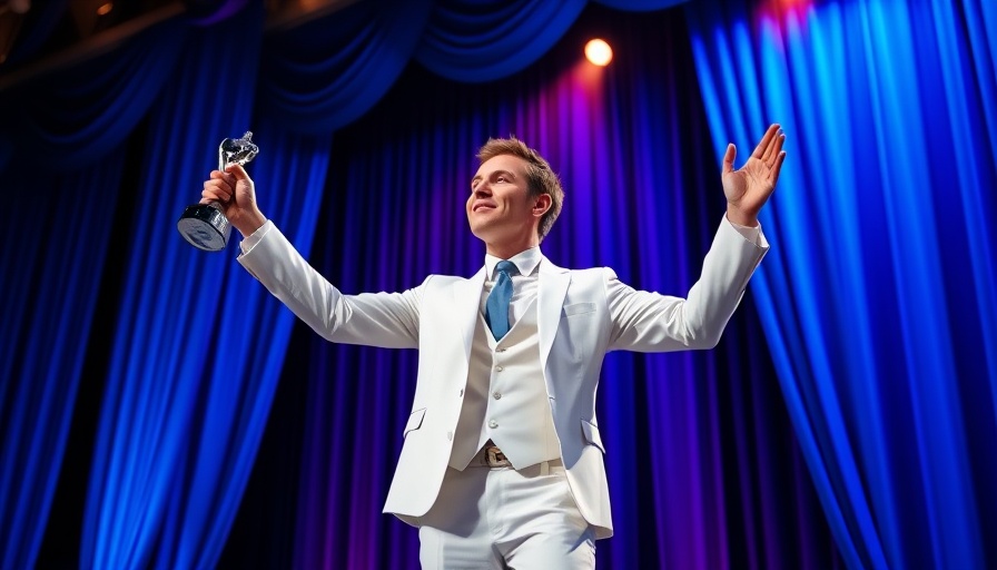 Triumphant man in white suit holding award, 2025 Emmy Awards winners list.