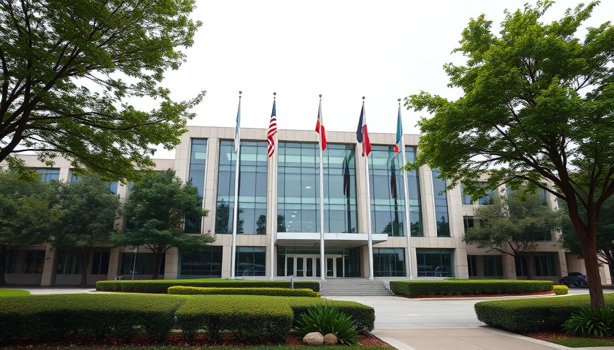 Exterior of Burlington ICE office with flags.