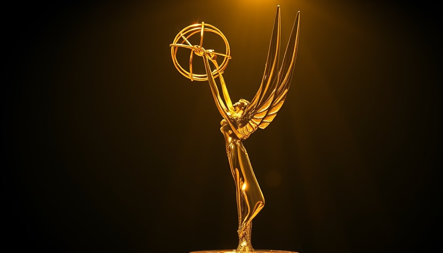 Shiny Emmy Award trophy on display at the Emmy Awards 2025 winners ceremony.