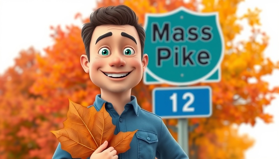 Cartoon man with leaf near Mass Pike sign, autumn foliage.